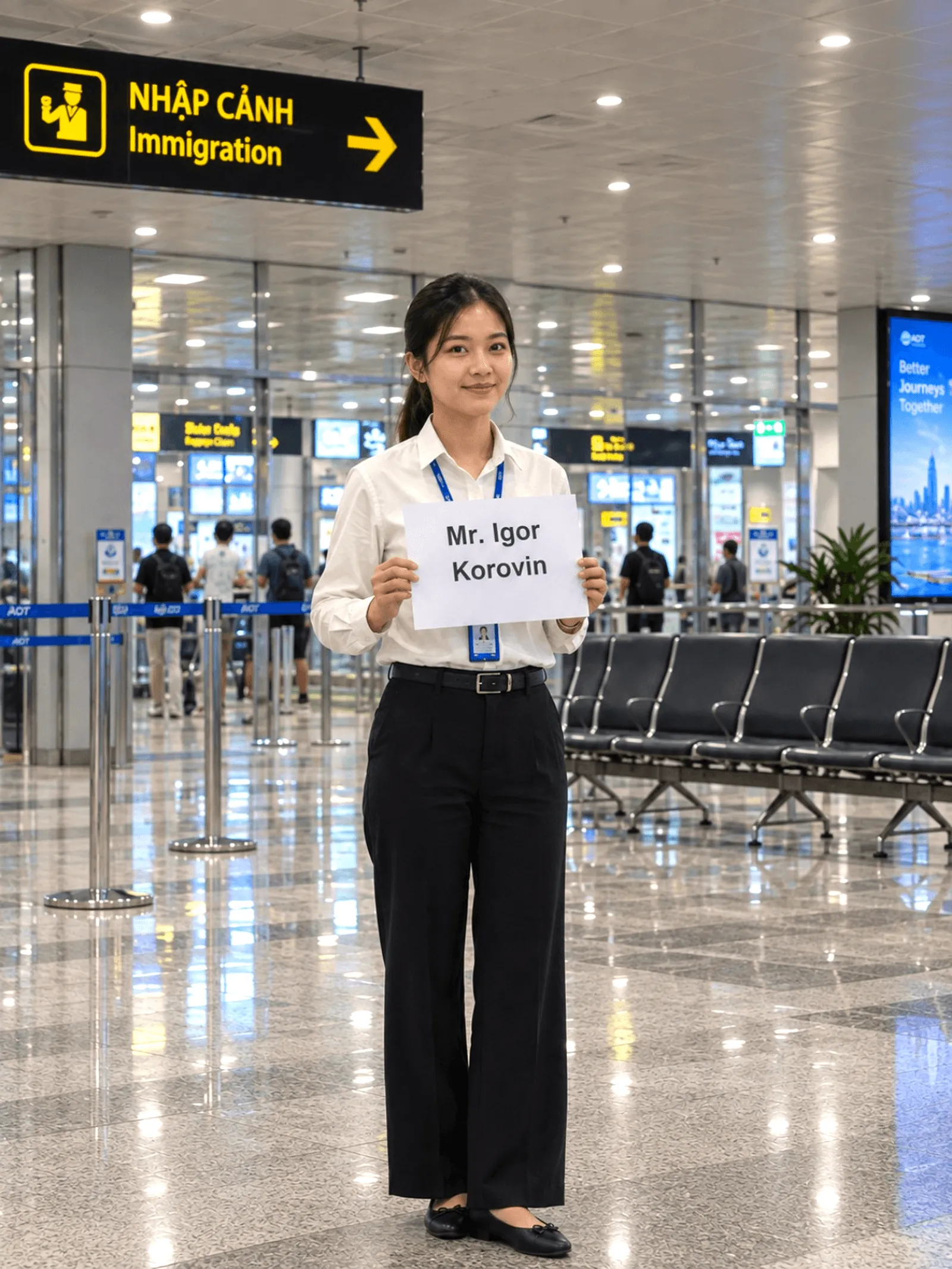 A staff member in a white shirt holds a name sign in an airport hall, under a yellow-on-black Nhập cảnh / Immigration sign